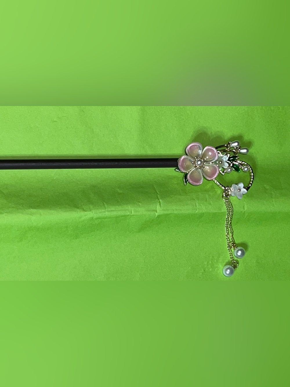 Pink Floral Enamel Hair Stick with Pearl Tassels